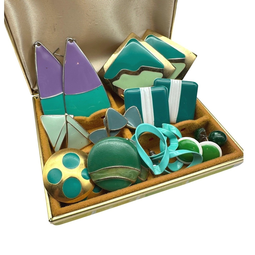 Vintage 80s Enamel Geometric Earring Lot Teal Blue Green Retro Statement 12 Pr